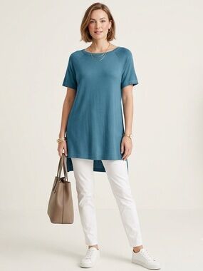 Eileen Fisher Hi-Low Tunic Knit Top Small Blue River Short Sleeve $238